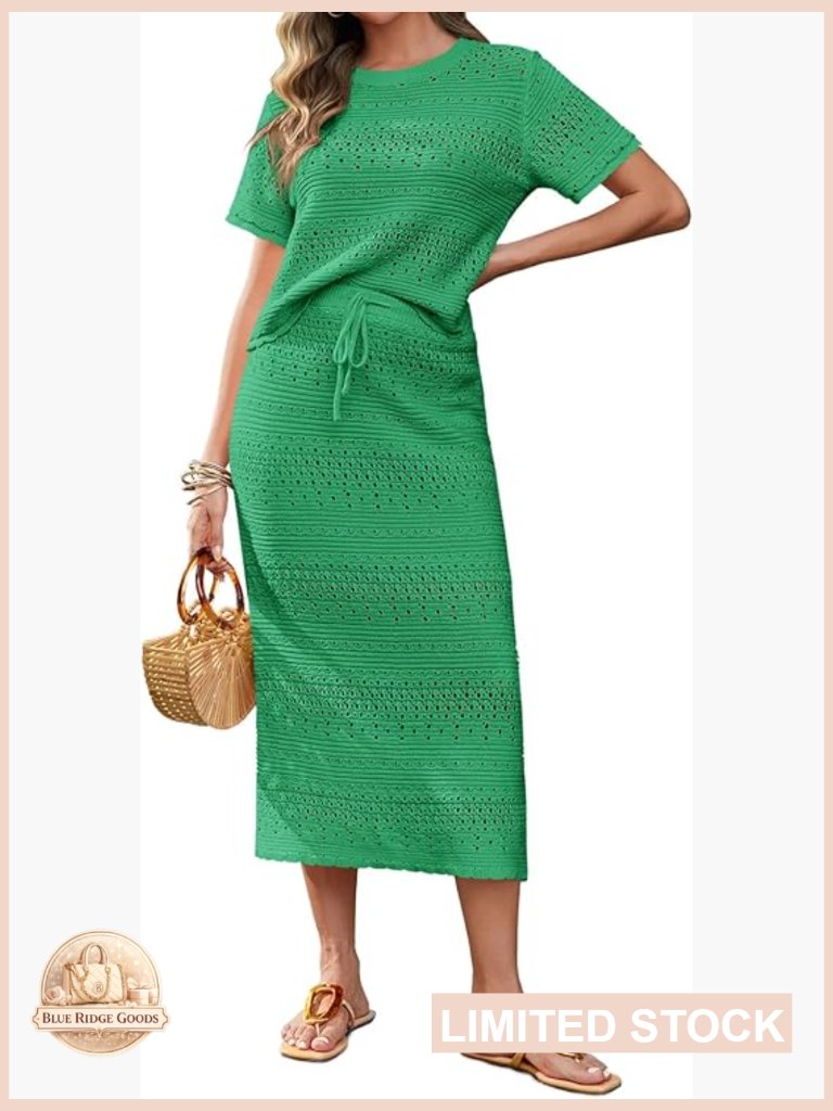 Crochet Cover Up 2 Piece Set Knit Top Midi Skirt Vacation Travel Outfits